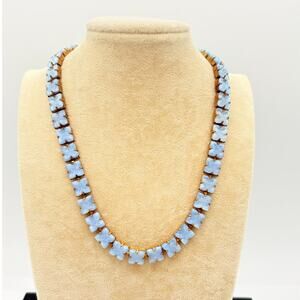 Signed Czech Blue Glass Flower Necklace, Mid‑Century Gold‑Tone Floral Statement